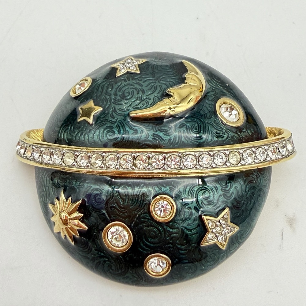 Swarovski Celestial Moon Stars Green Enamel Signed Crystal Dome Brooch Pin Heavy
